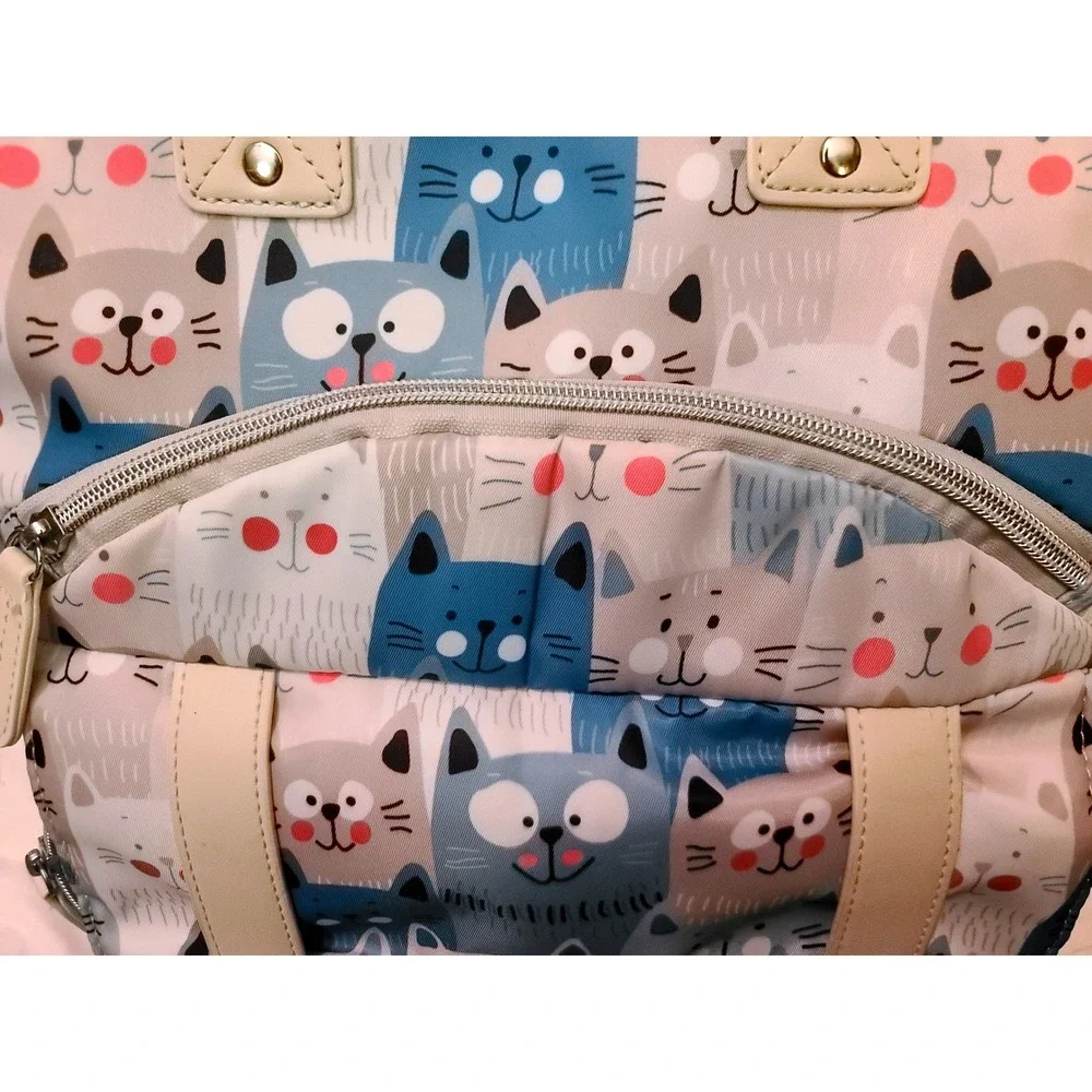 Diaper Bag Backpack Cat Print Blue Grey‎ White USB Charging Port Laprop Travel